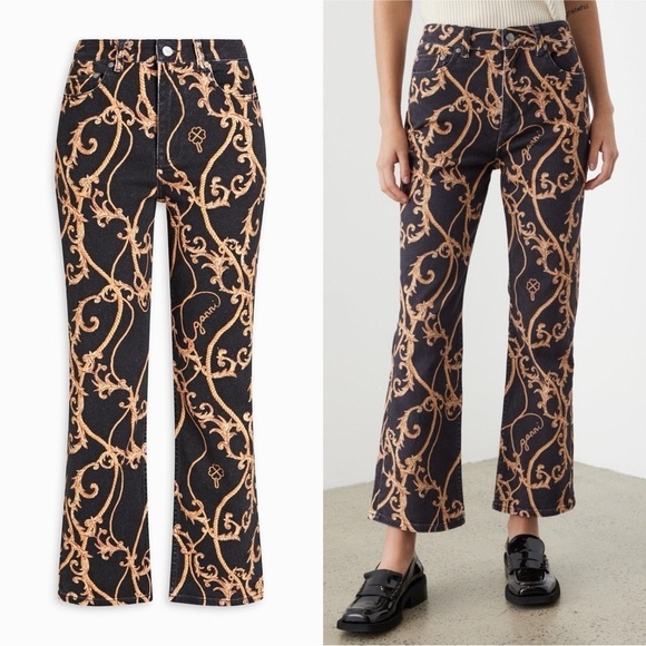 GANNI 90s Baroque Logo Print Denim High Rise Cropped Bootcut Flare Leg Jeans 26 - Picture 13 of 16